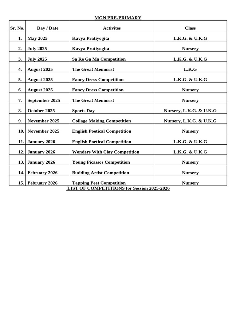 Pre-Primary Competition Schedule 2025-26 | PDF