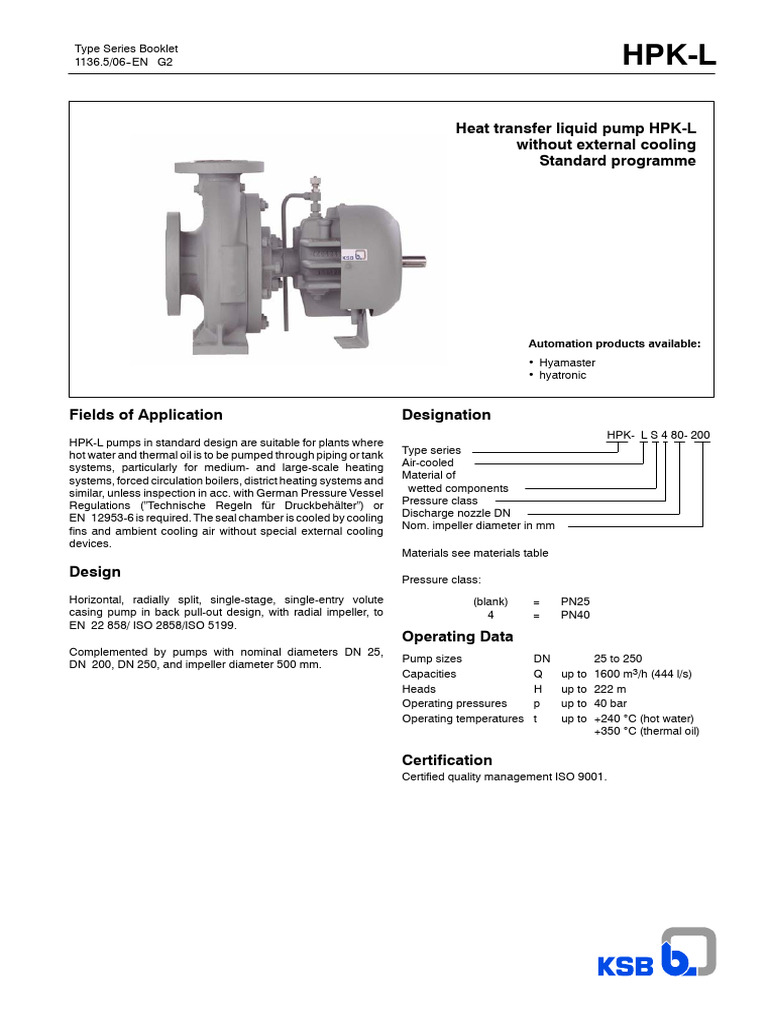 KSB HPK-L Centrifugal Pump Overview | PDF | Pump | Water Heating
