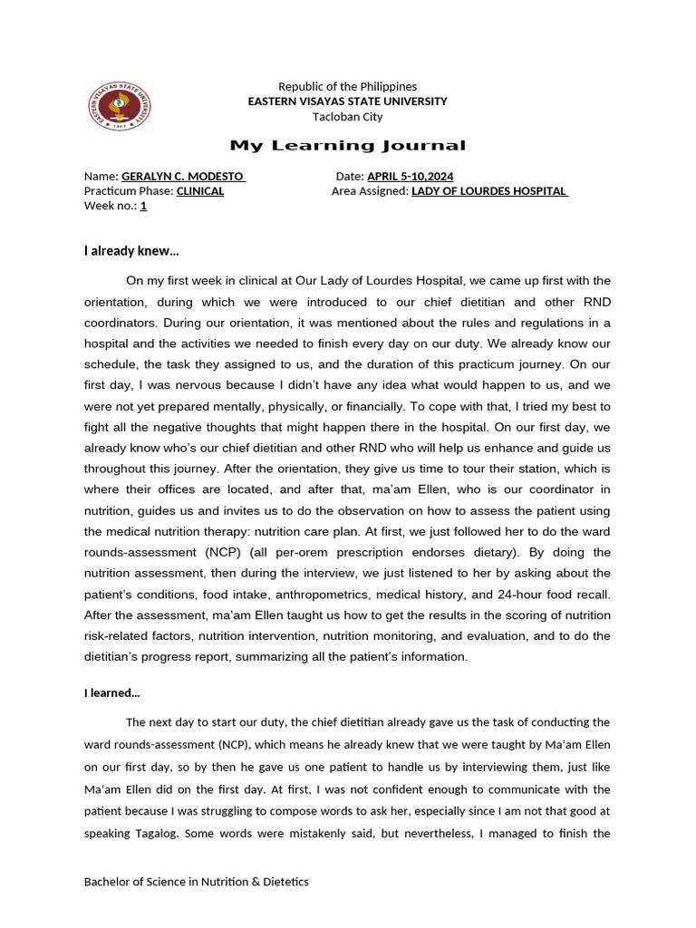 Week 1 - Journal Clinical | PDF | Dietitian | Patient