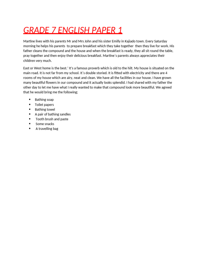 Grade 7 English Paper 1 | PDF