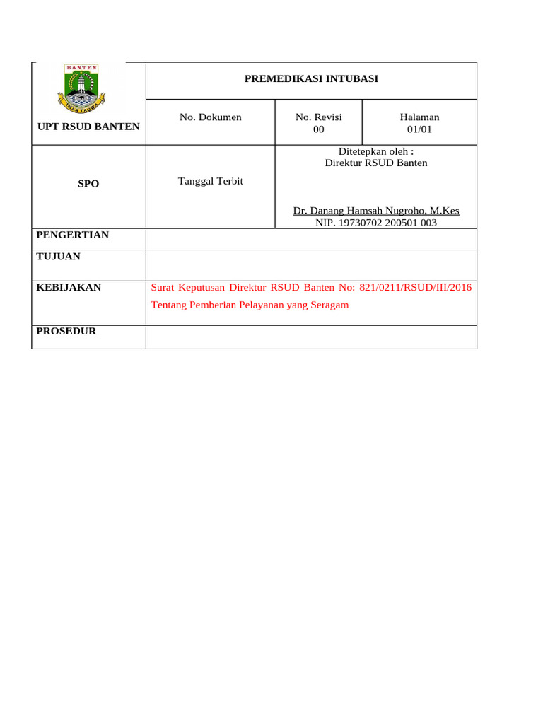 Prosedur Premedikasi Intubasi RSUD Banten | PDF