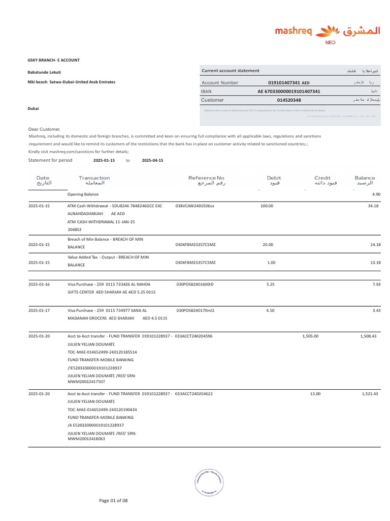 Mashreq Account Statement Overview | PDF | Banking | Money