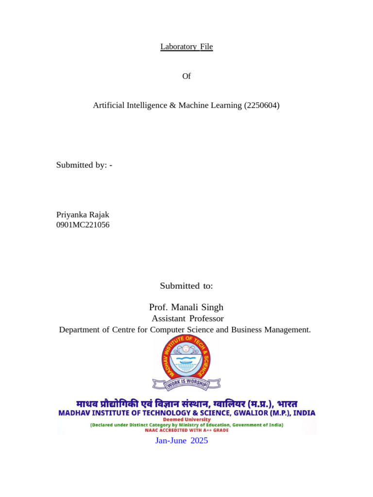 Lab (Work) Experiment File Priyanka Rajak 0901MC221056 | PDF | Mean ...