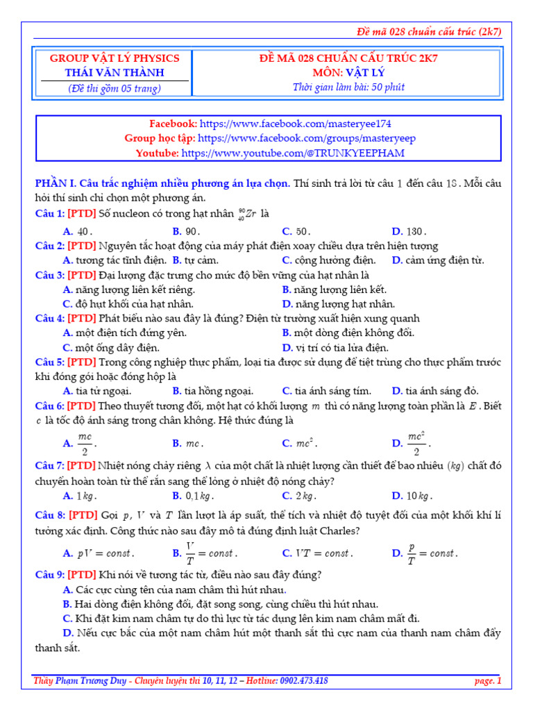 Đề Mã 028 Group Vật Lý Physics 2k7 | PDF