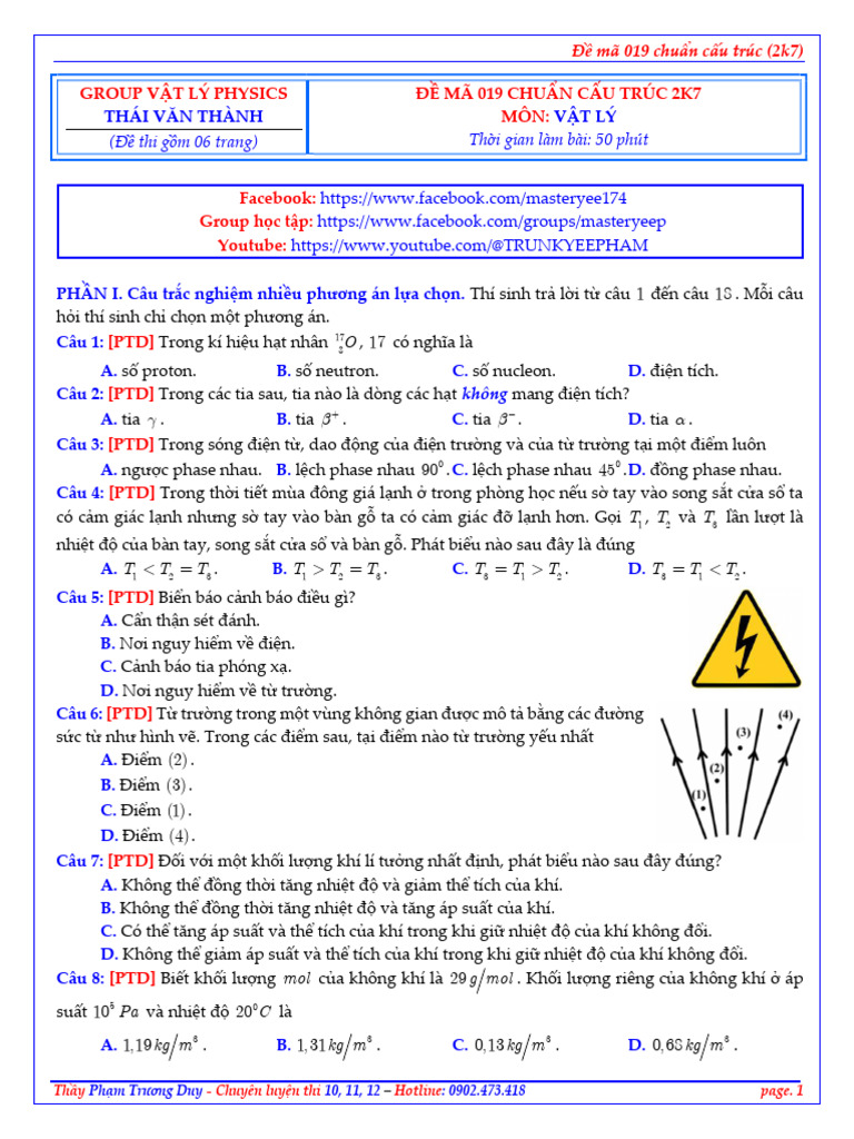 Đề Mã 019 Group Vật Lý Physics 2k7 | PDF