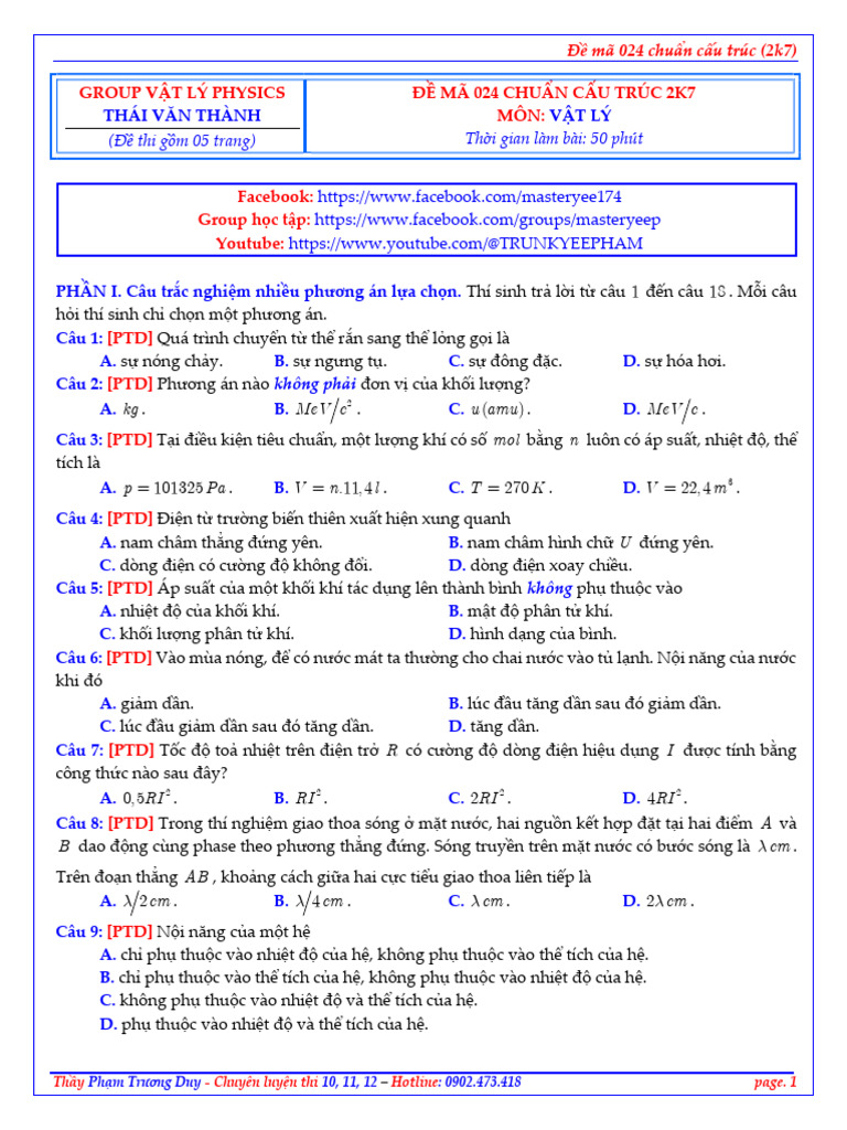 Đề Mã 024 Group Vật Lý Physics 2k7 | PDF