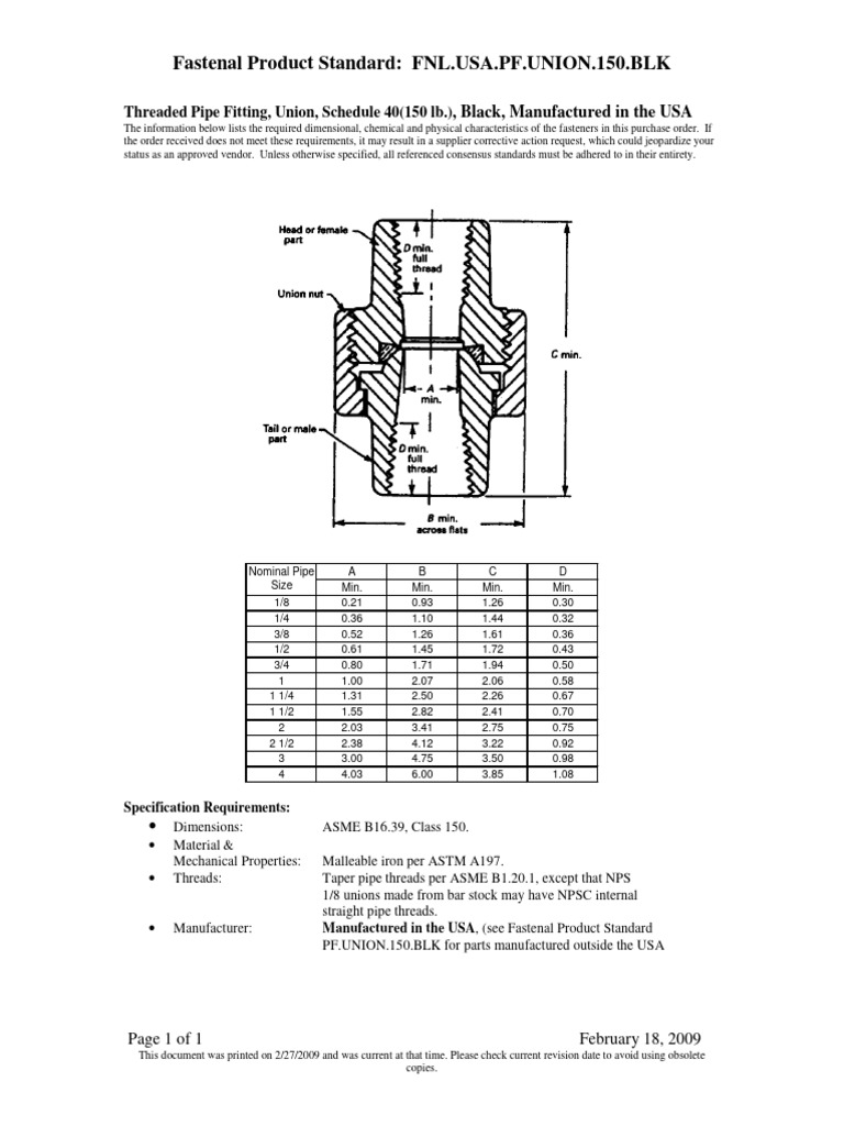 Fastenal Black Union Pipe Fitting Specs | PDF | Plumbing | Mechanical ...