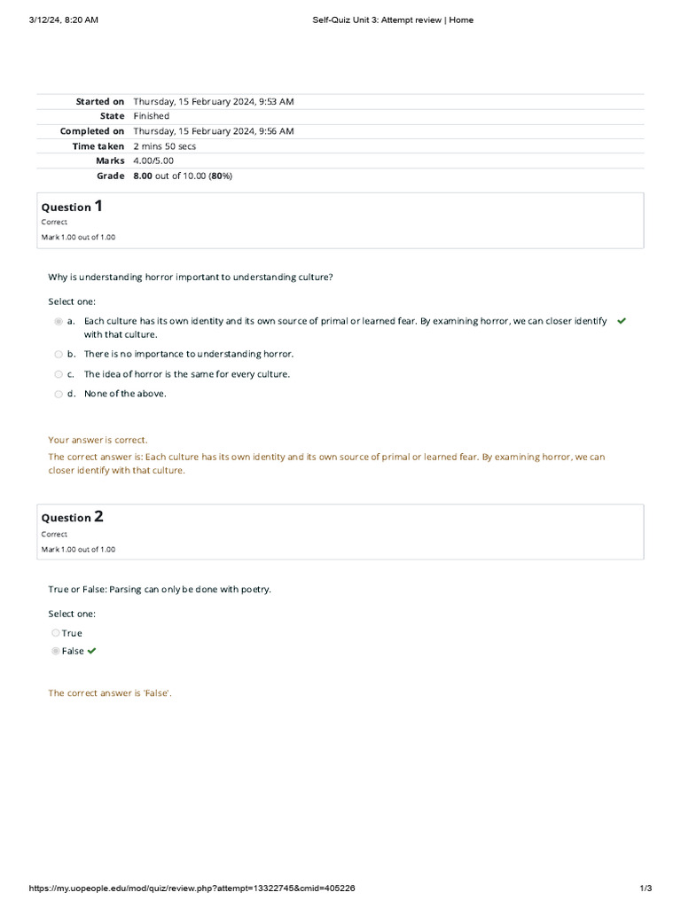 Self-Quiz Unit 3 - Attempt Review - Home | PDF