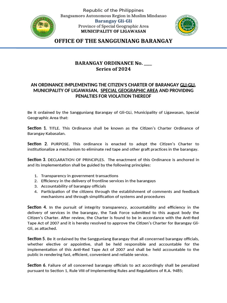 Citizen's Charter Ordinance for Gli-Gli | PDF | Government | Justice