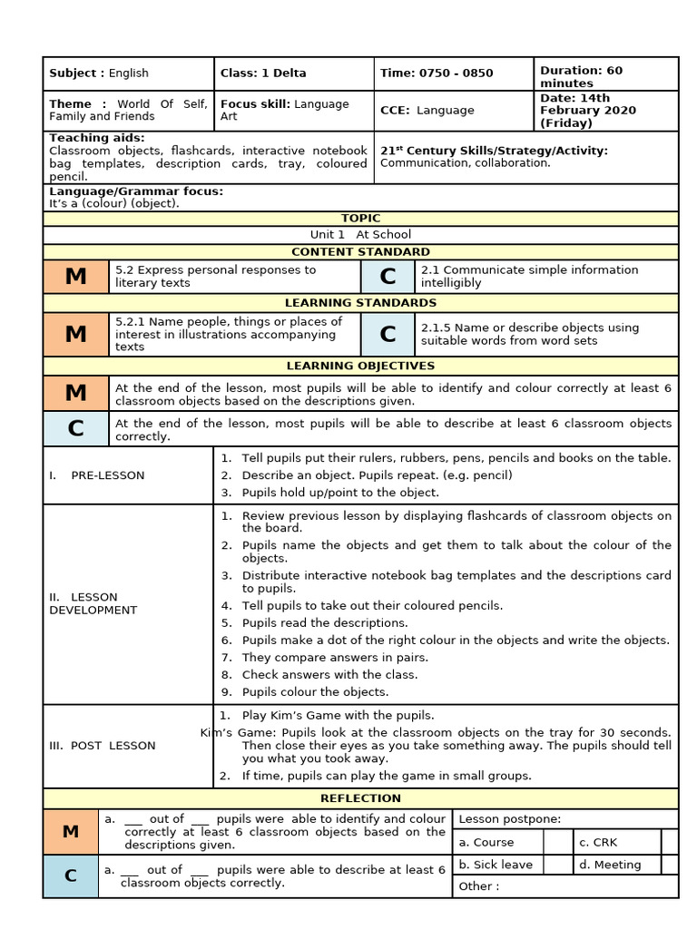 Classroom Objects Lesson Plan | PDF | Learning | Cognition