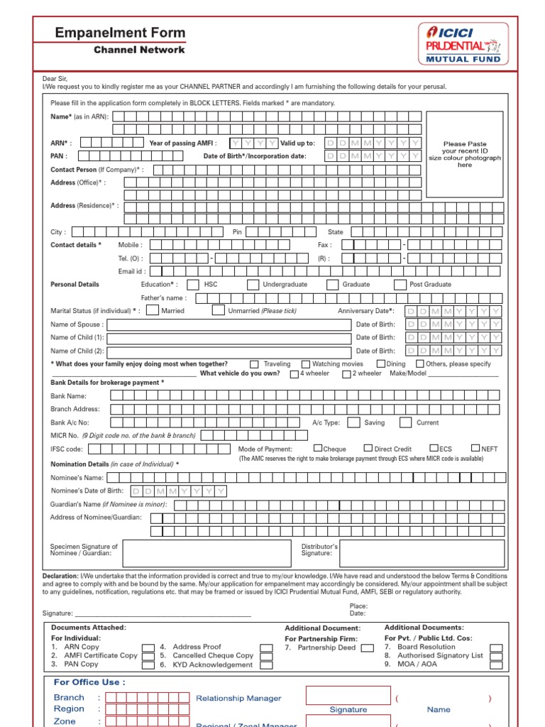 ICICI Empanelment Form Stocks Mutual Funds