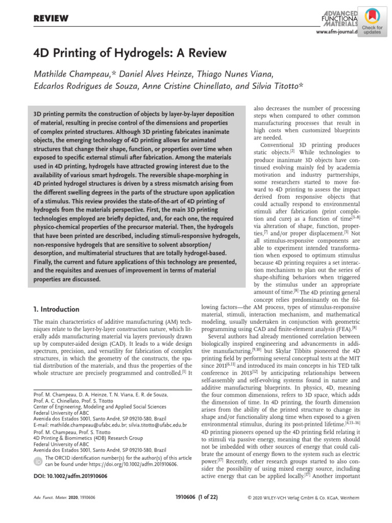 4D Printing of hydrogels - a review | PDF | Gel | Chemical Substances