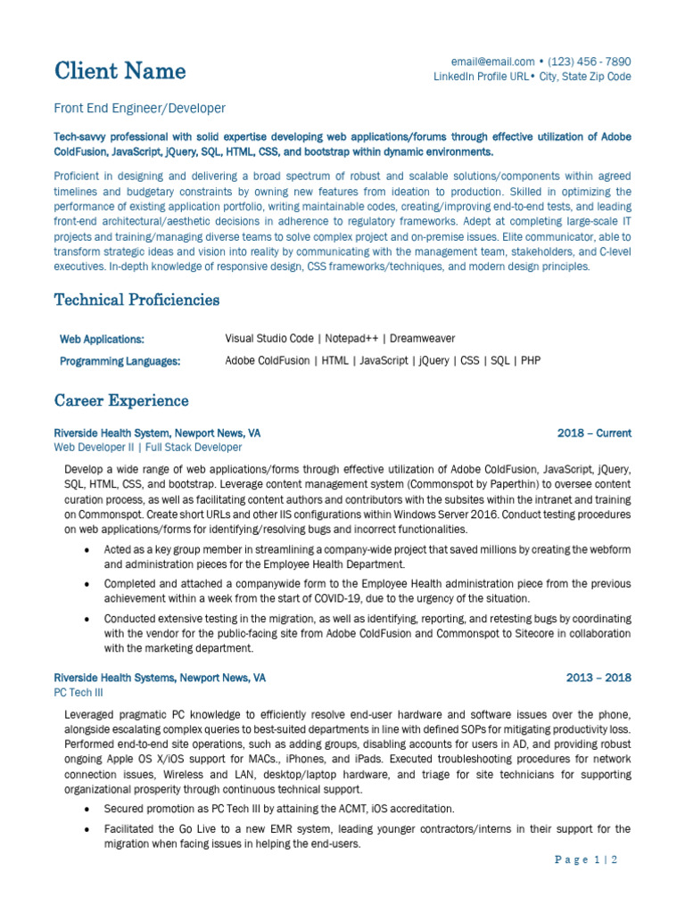 Front End Engineer & Developer Resume | PDF | World Wide Web | Internet ...