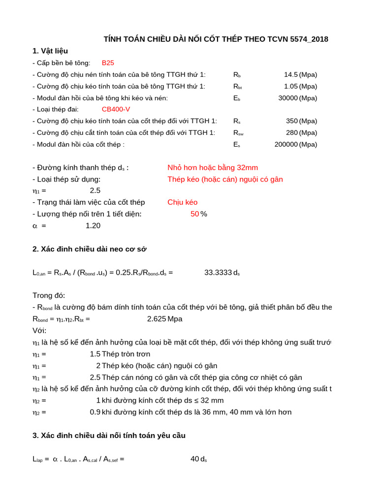 Tinh Chieu Dai Noi Cot Thep Theo TCVN 5574 - 2018 | PDF