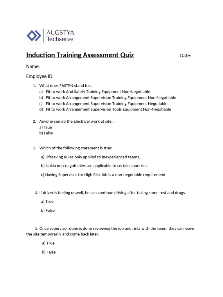 Safety Induction Training Quiz | PDF