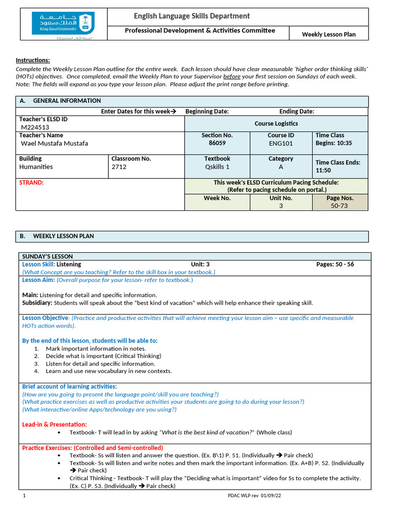 Week 10 - Lesson - Plan L&S 1 | PDF | Lesson Plan | Procedural Knowledge