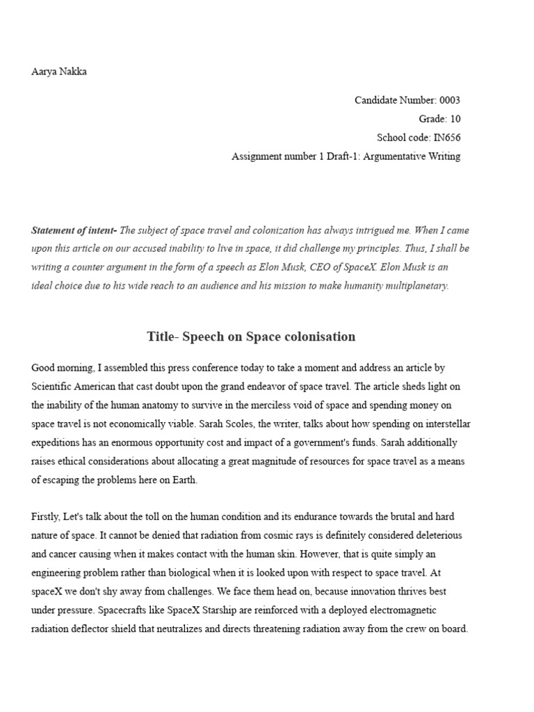 Space Colonization Argumentative Speech | PDF | Outer Space | Spaceflight