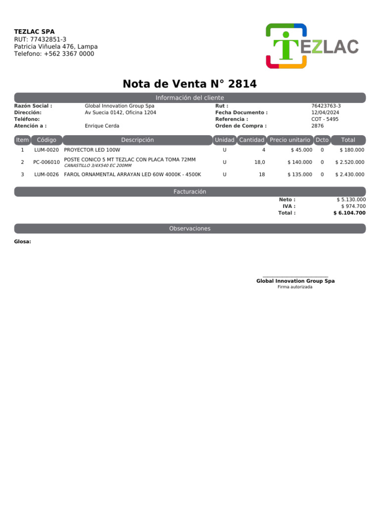 Nota de Venta TEZLAC SPA - Global Innovation | PDF