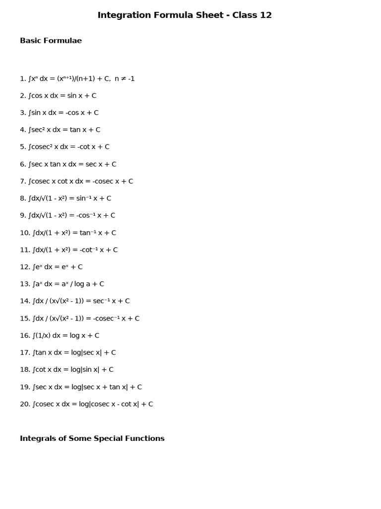 Class 12 Integration Formula Sheet | PDF | Mathematics | Mathematical ...