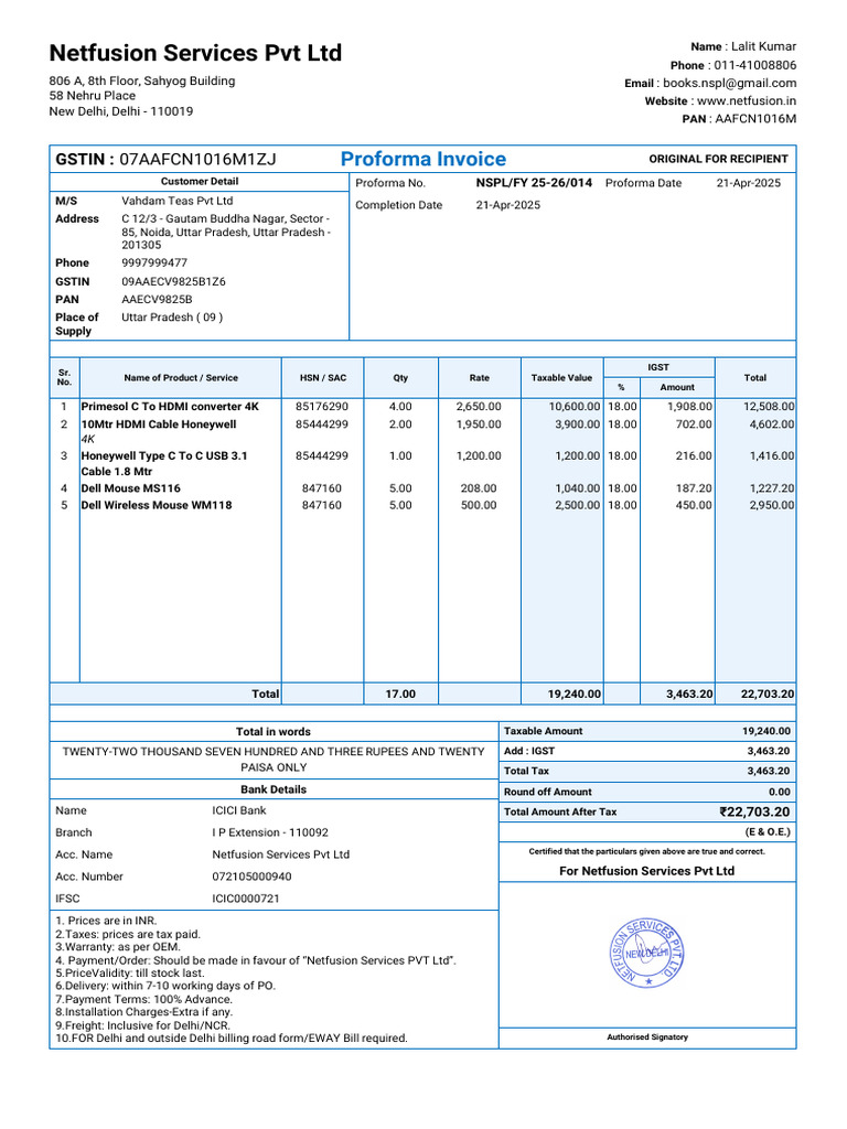 Proforma - NSPL FY 25 26 014 Vahdam Teas PVT LTD Shahzad Ali 05 57 33 ...