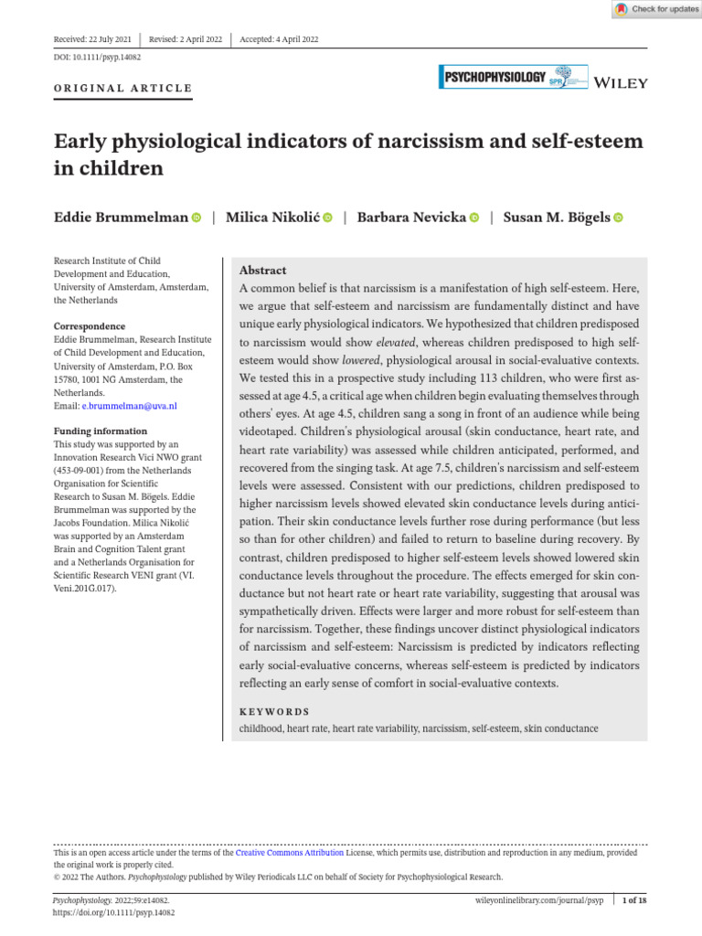 Psychophysiology - 2022 - Brummelman - Early physiological indicators ...