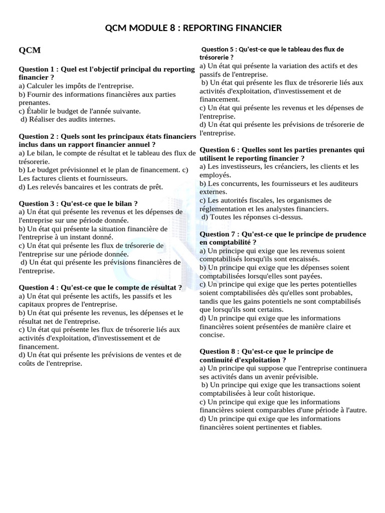 QCM Reporting Financier : Concepts Clés | PDF | Bilan comptable ...