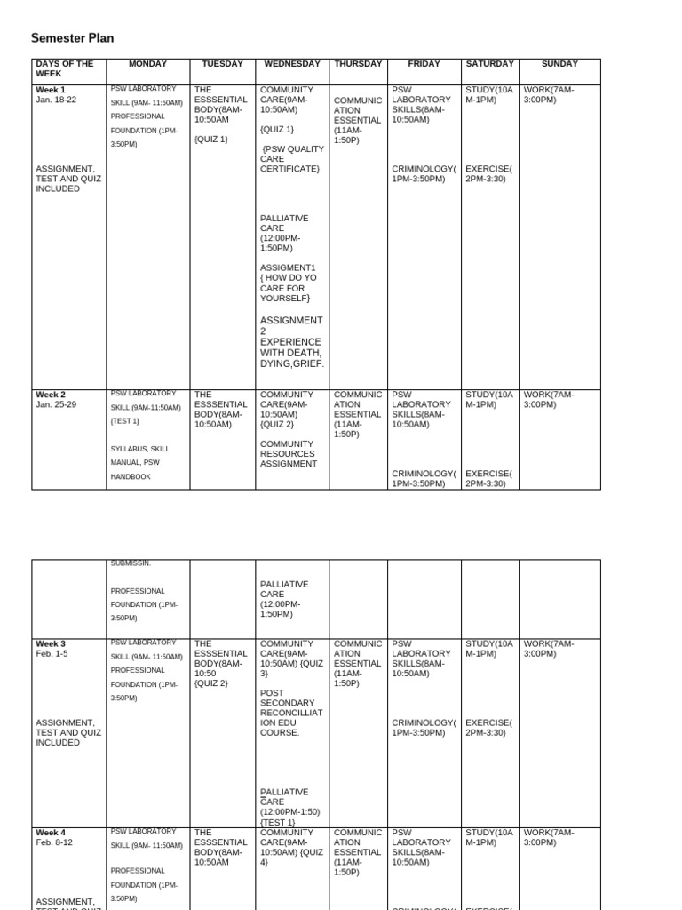 PF Semester Plan Template Winter | PDF