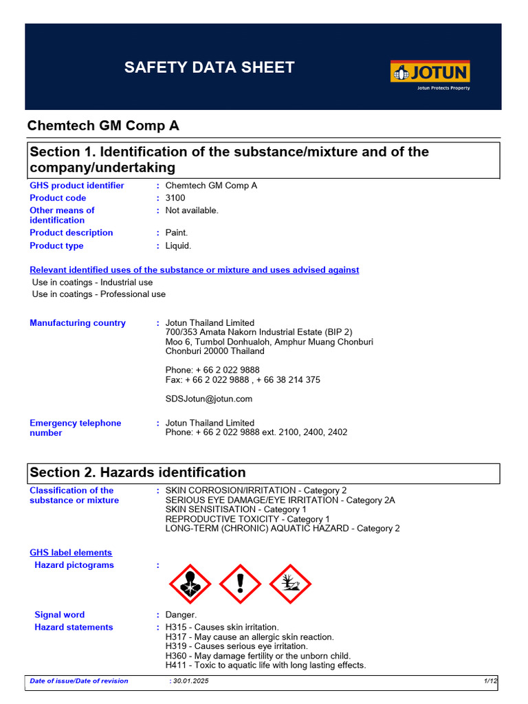 Chemtech GM Comp A Safety Data Sheet | PDF | Toxicity | Personal ...