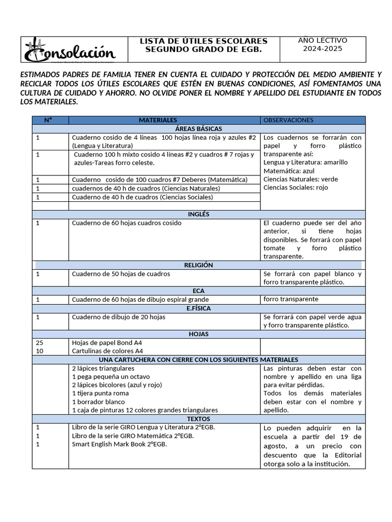 Útiles Escolares Segundo Grado 2024-2025 | PDF | Cuaderno