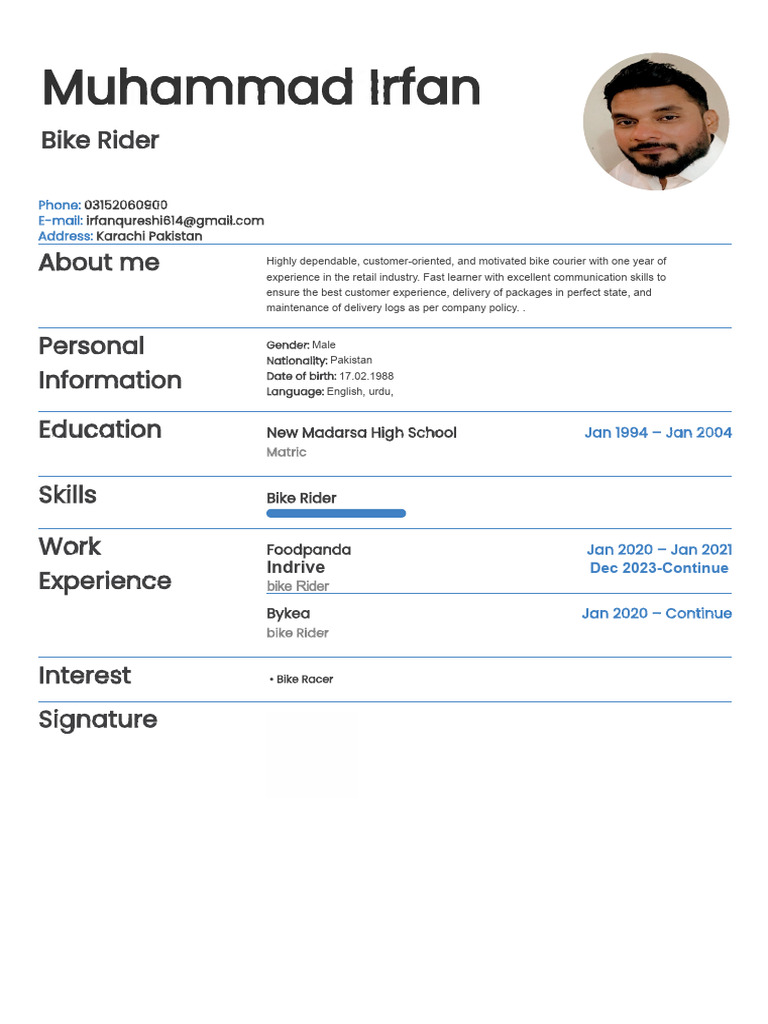 Bike Courier CV Sample for UAE | PDF