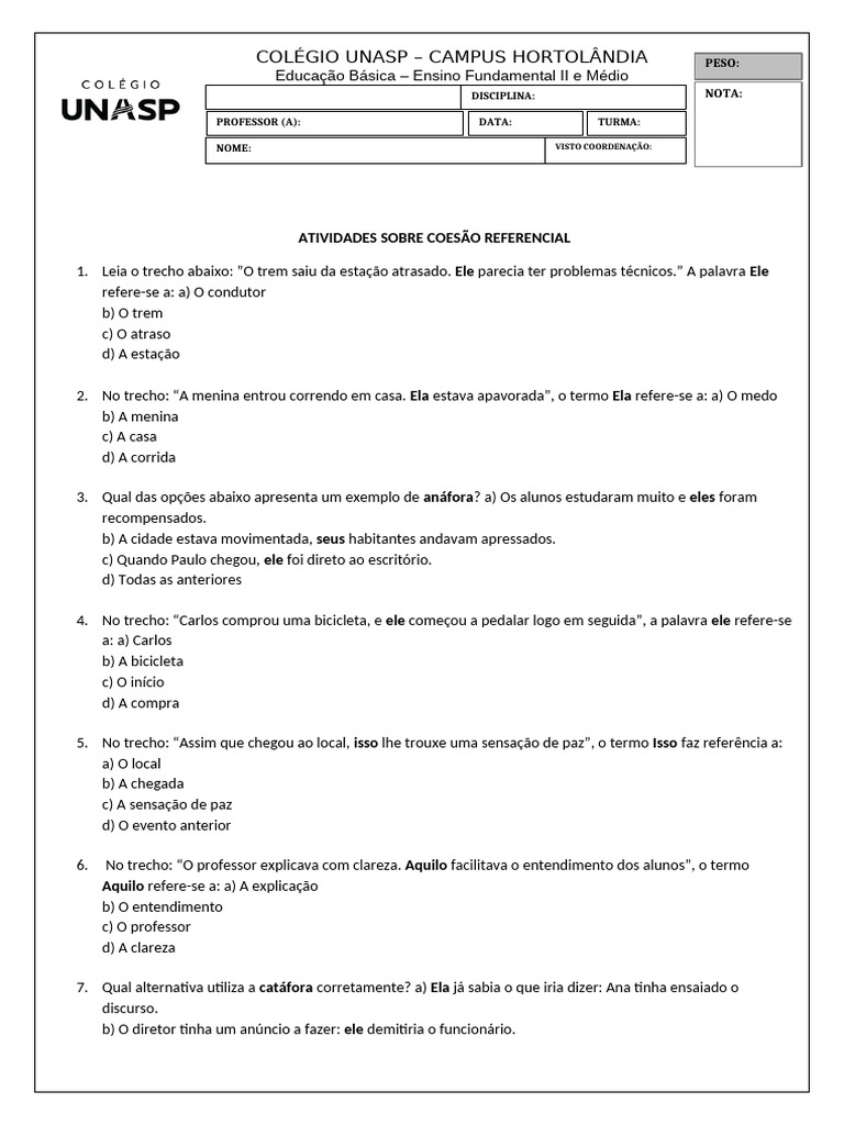 Atividades de Coesão Referencial 7º Ano | PDF | Vírus | Gripe