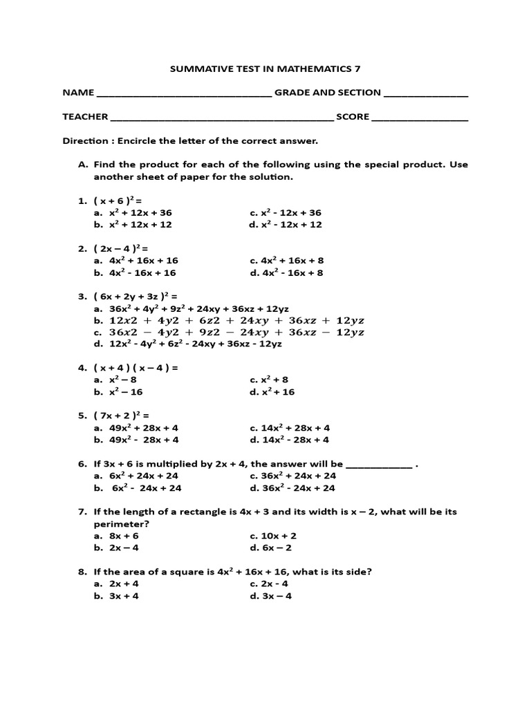Summative Test in Mathematics 7 2nd Grading Period | PDF | Equations ...