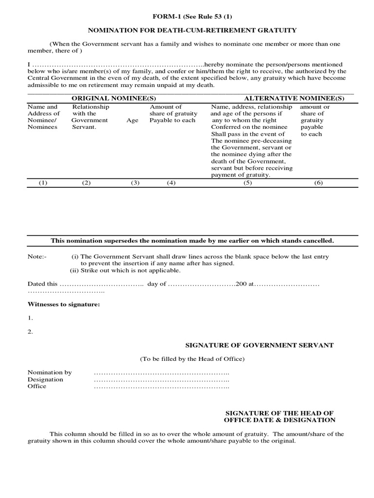 Death-Cum-Retirement Gratuity Nomination Form | PDF