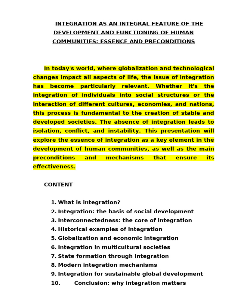 Integration As An Integral Feature of The Development and Functioning ...