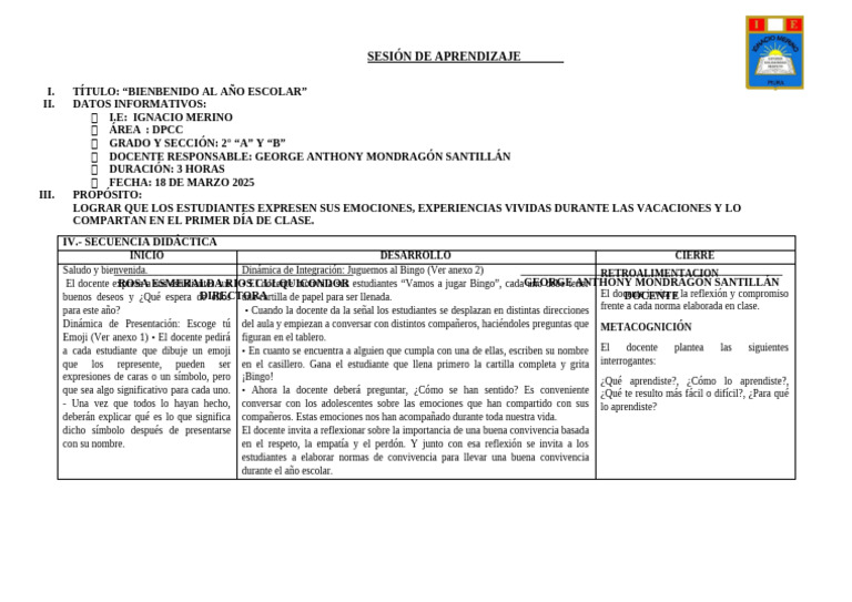 Sesiones DPCC 1 Secundaria 2025 | PDF | Aprendizaje