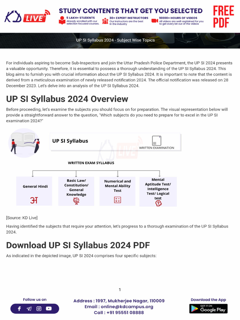 Syllabus Up Si Syllabus 2024 Subject Wise Topics | PDF