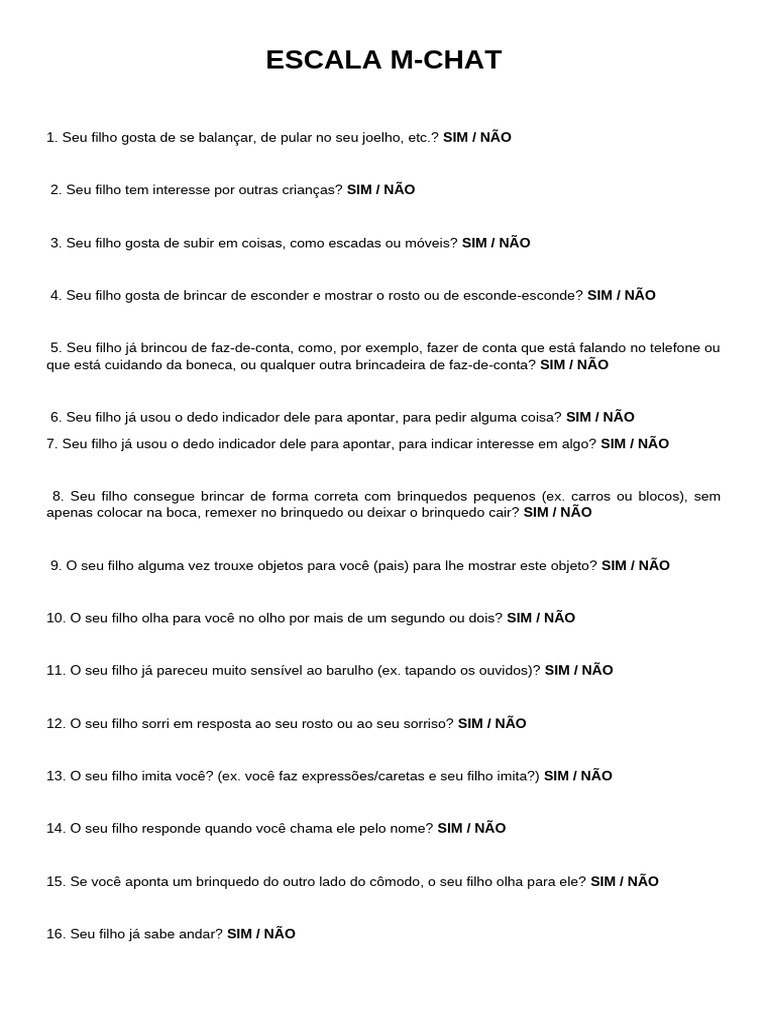 Escala M Chat | PDF | Autismo | Brinquedos