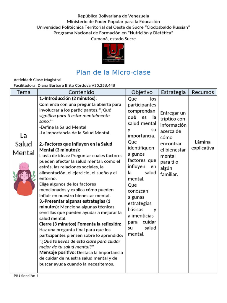 Plan de La Microclase Salud Mental | PDF | Salud mental | Sicología