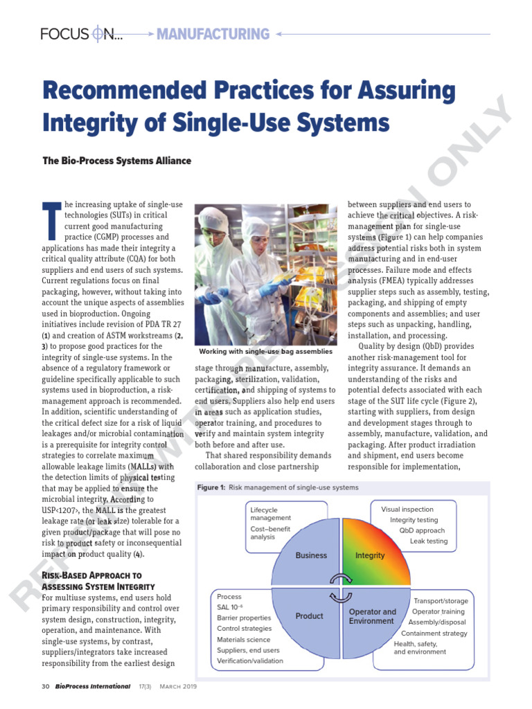 Recommended Practices For Assuring Integrity of Single Use Systems ...