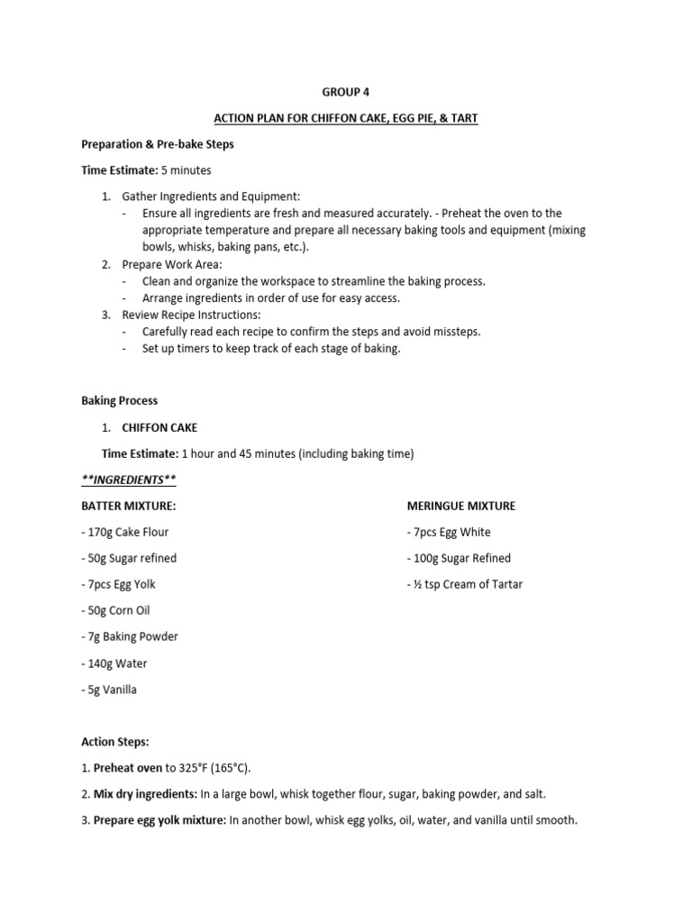 Group 4 Action Plan For Chiffon Cake Egg Pie Tart | PDF | Baking | Cakes