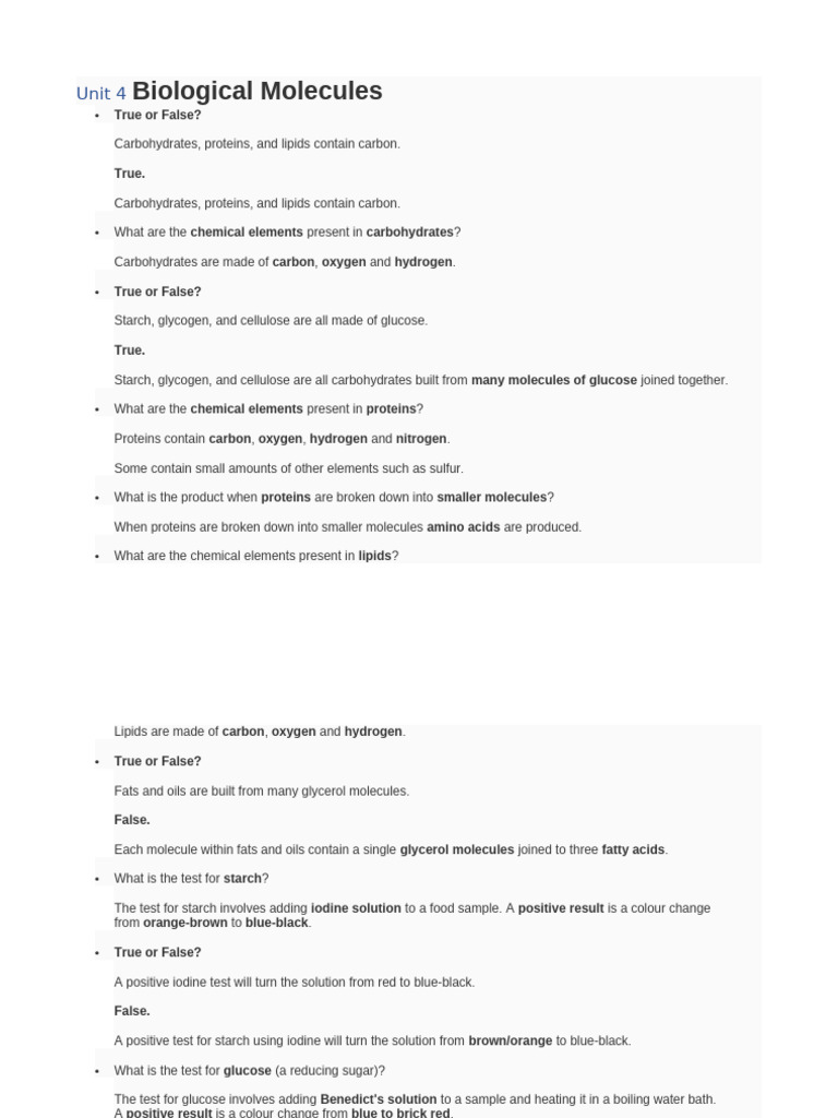Unit 4 Biological Molecules Flash C g9 | PDF | Dna | Carbohydrates