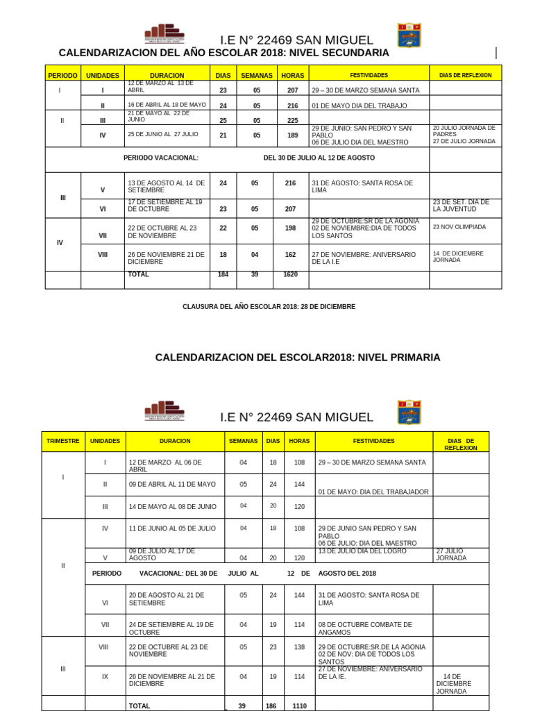 Calendariz. Del Año Escolar 2018-22469 | PDF