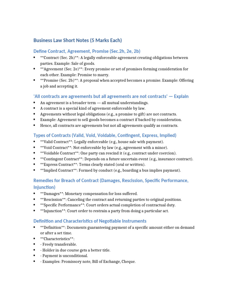 Business Law Short Notes | PDF | Negotiable Instrument | Contract Law