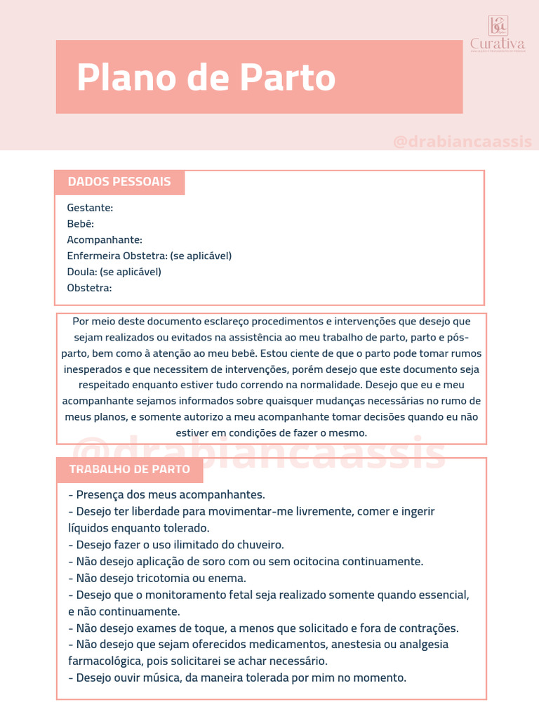 Plano de Parto @drabiancaassis | PDF | Parto | Especialidades médicas