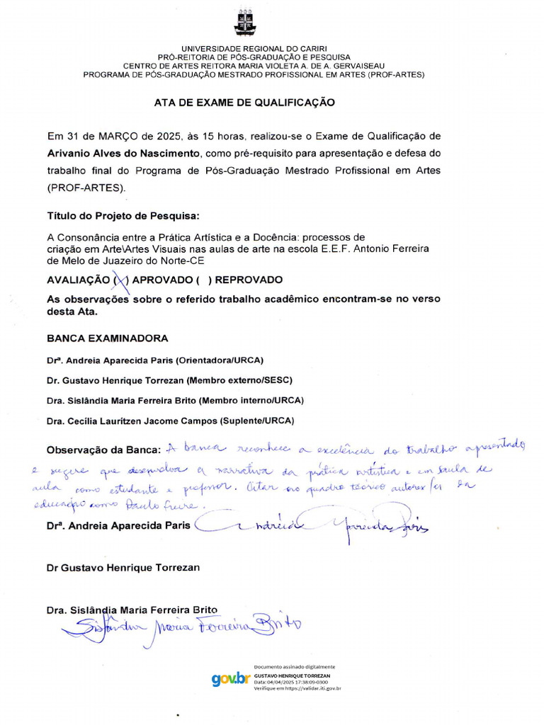 Ata Qualificação Arivanio - Urca 2025 | PDF