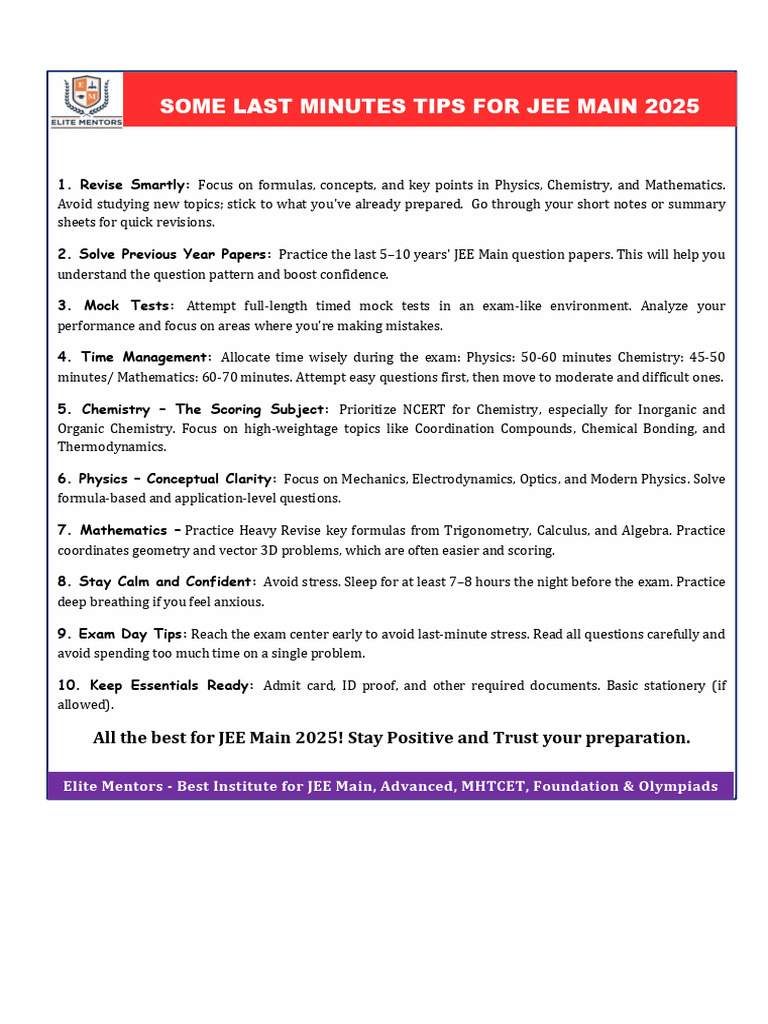 Last Minutes Tips-JEE Main | PDF