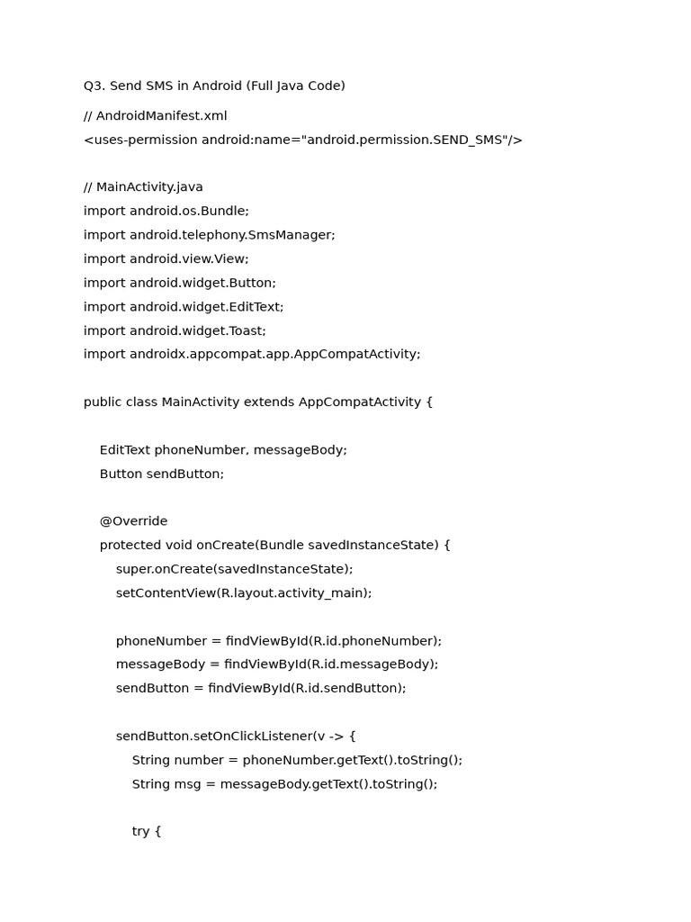 Send SMS in Android: Java Code Guide | PDF