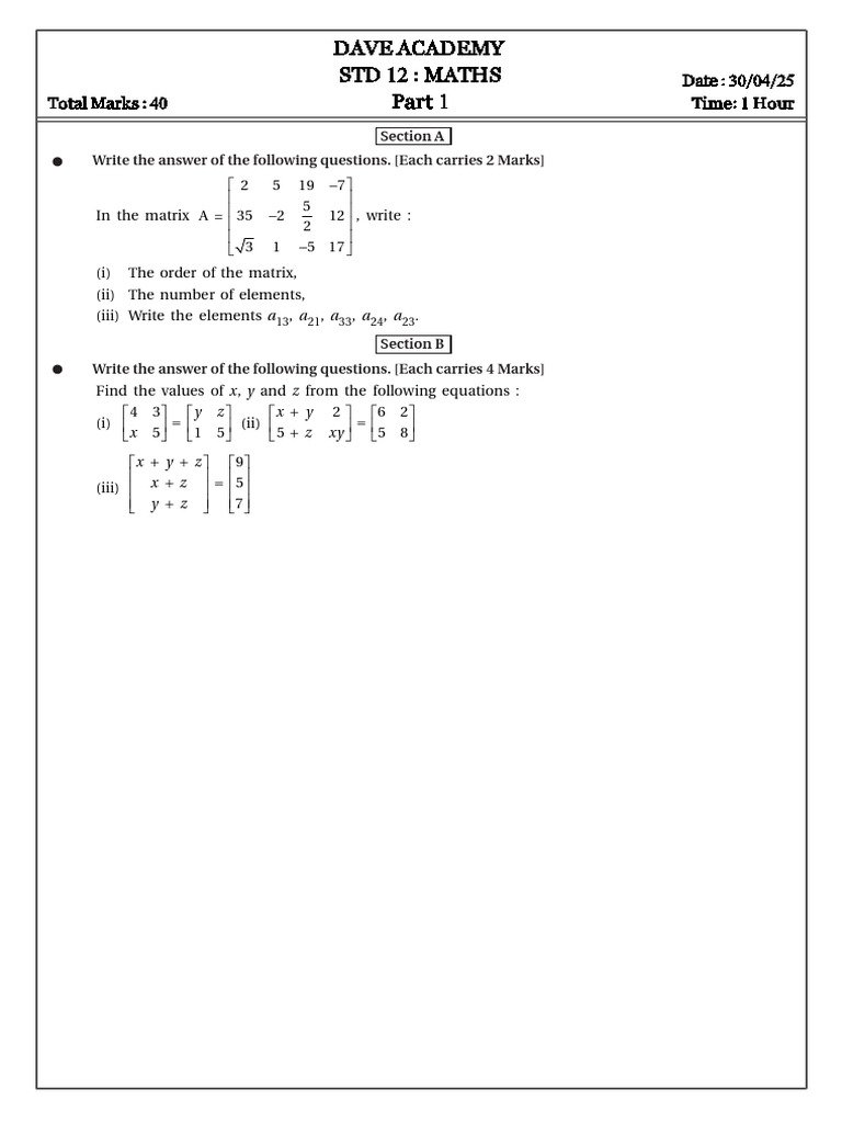 12th Grade Maths Exam Paper | PDF