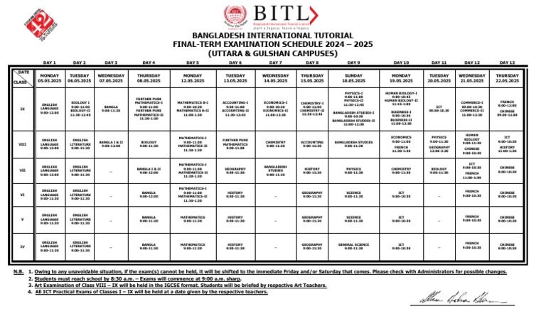 Class 9 Final Exam Schedule 2025 | PDF