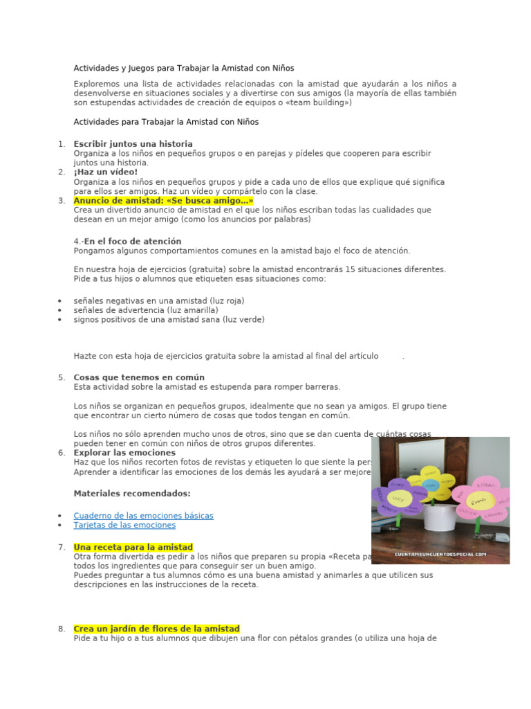 Actividades para Fomentar la Amistad Infantil | PDF